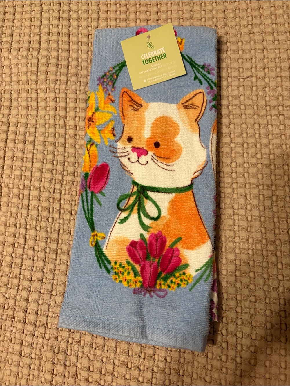 Celebrate Together Light Blue Cat Kitchen Towel with Floral Accents